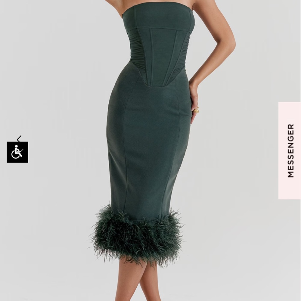 House of CB Green Strapless Dress with Feather Trim